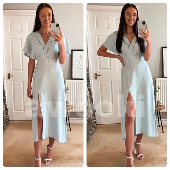 Zara V-Neck Midi Dress Light Blue Slit Lyocell New - Picture 1 of 5